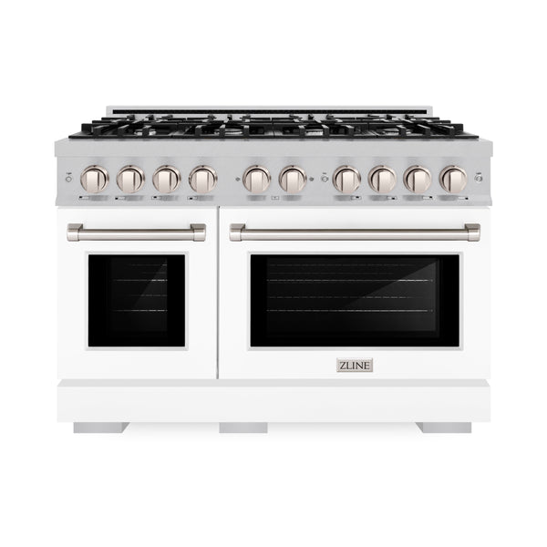 ZLINE 48 in. 6.7 cu. ft. Select Double Oven Dual Fuel Range with 8 Burner Gas Cooktop in DuraSnow® Stainless Steel with White Matte Doors (HDRS-WM-48)