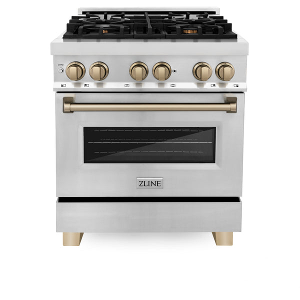 ZLINE Appliances 30" Autograph Edition Kitchen Package with Stainless Steel Dual Fuel Range, Range Hood and Dishwasher with Champagne Bronze Accents (3AKP-RARHDWM30-CB)