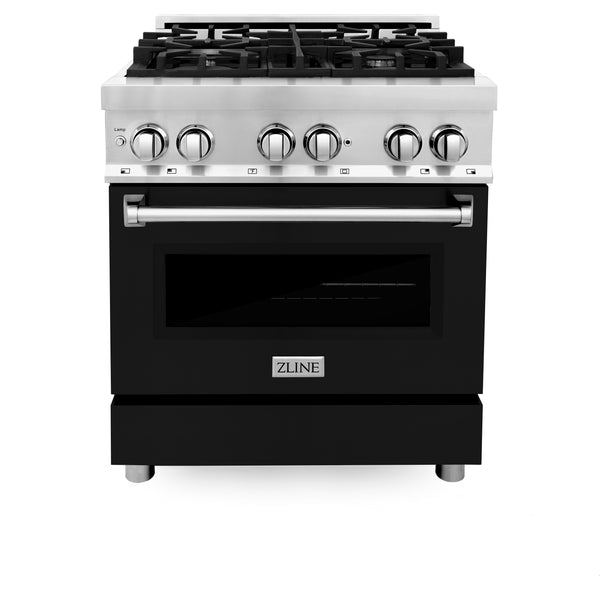 ZLINE 2 Piece Kitchen Appliance Package - 30" Stainless Steel Dual Fuel Range with Black Matte Door and Convertible Vent Range Hood (2KP-RABLMRH30)