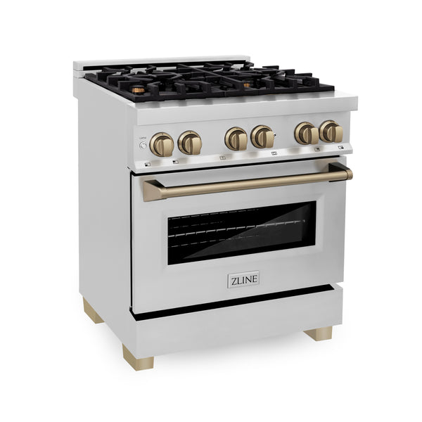 ZLINE 30" Appliance Package - Autograph Edition - Stainless Steel Dual Fuel Range, Range Hood, Dishwasher and Refrigeration Including External Water Dispenser with Champagne Bronze Accents (4AKPR-RARHDWM30-CB)