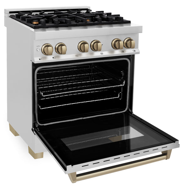 ZLINE Appliances - 2 Piece Kitchen Package - 30" Autograph Edition Stainless Steel Dual Fuel Range and Range Hood with Champagne Bronze Accents (2AKP-RARH30-CB)