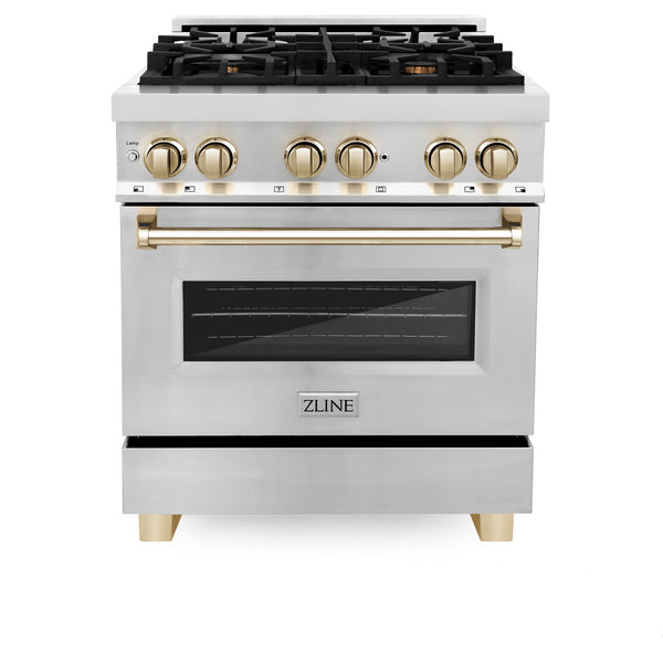 30" ZLINE Appliances Package - Autograph Edition Stainless Steel Dual Fuel Range, Range Hood, Dishwasher and Refrigerator (4KAPR-RARHDWM30-G)