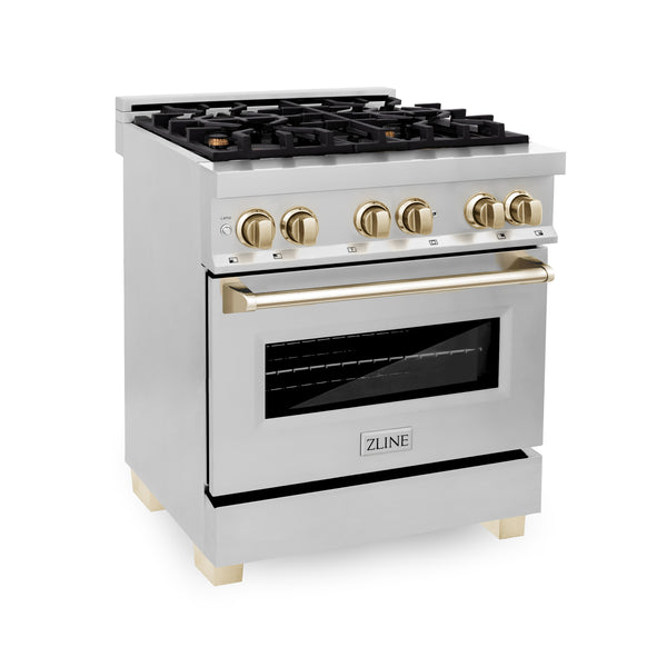 ZLINE Appliances 30" Autograph Edition Kitchen Package with Stainless Steel Dual Fuel Range, Range Hood and Dishwasher with Gold Accents (3AKP-RARHDWM30-G)