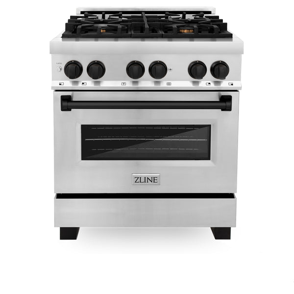 ZLINE Appliances 30" Autograph Edition Kitchen Package with Stainless Steel Dual Fuel Range, Range Hood and Dishwasher with Matte Black Accents (3AKP-RARHDWM30-MB)