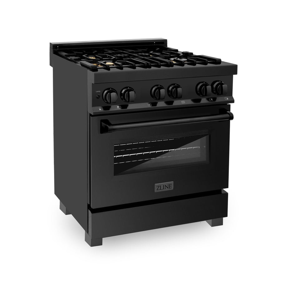 ZLINE Kitchen Package with Black Stainless Steel Refrigeration, 30" Dual Fuel Range, 30" Range Hood, Microwave Drawer, and 24" Tall Tub Dishwasher (5KPR-RABRH-MWDWV)