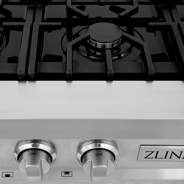 ZLINE Kitchen Package with Refrigeration, 36 in. Stainless Steel Gas Rangetop, 36 in. Convertible Vent Range Hood, 30 in. Double Wall Oven, and 24 in. Tall Tub Dishwasher (5KPR-RTRH36-AWDDWV)