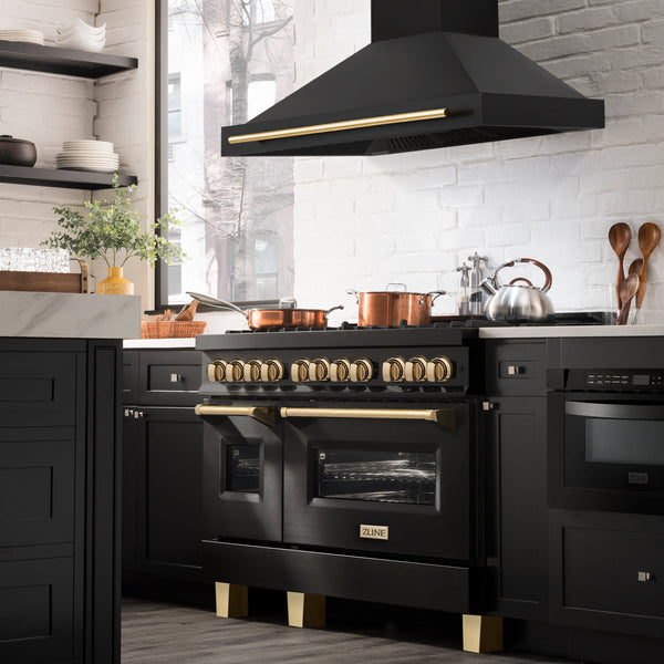 ZLINE Appliances 48" Autograph Edition Kitchen Package with Black Stainless Steel Dual Fuel Range, Range Hood and Dishwasher with Gold Accents (3AKP-RABRHDWV48-G)