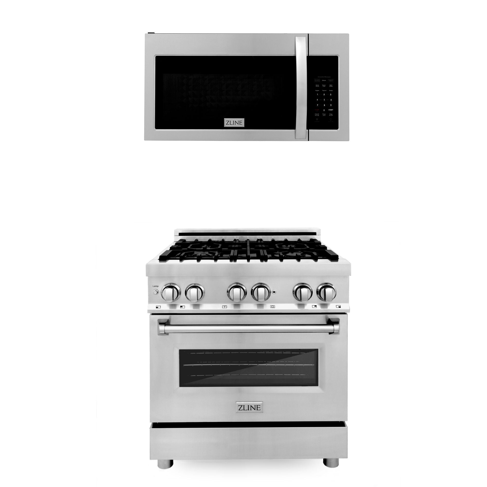 ZLINE 2 Piece Kitchen Appliance Package - 30 in. Kitchen Package with Stainless Steel Dual Fuel Range and Over The Range Microwave with Modern Handle (2KP-RAOTR30)