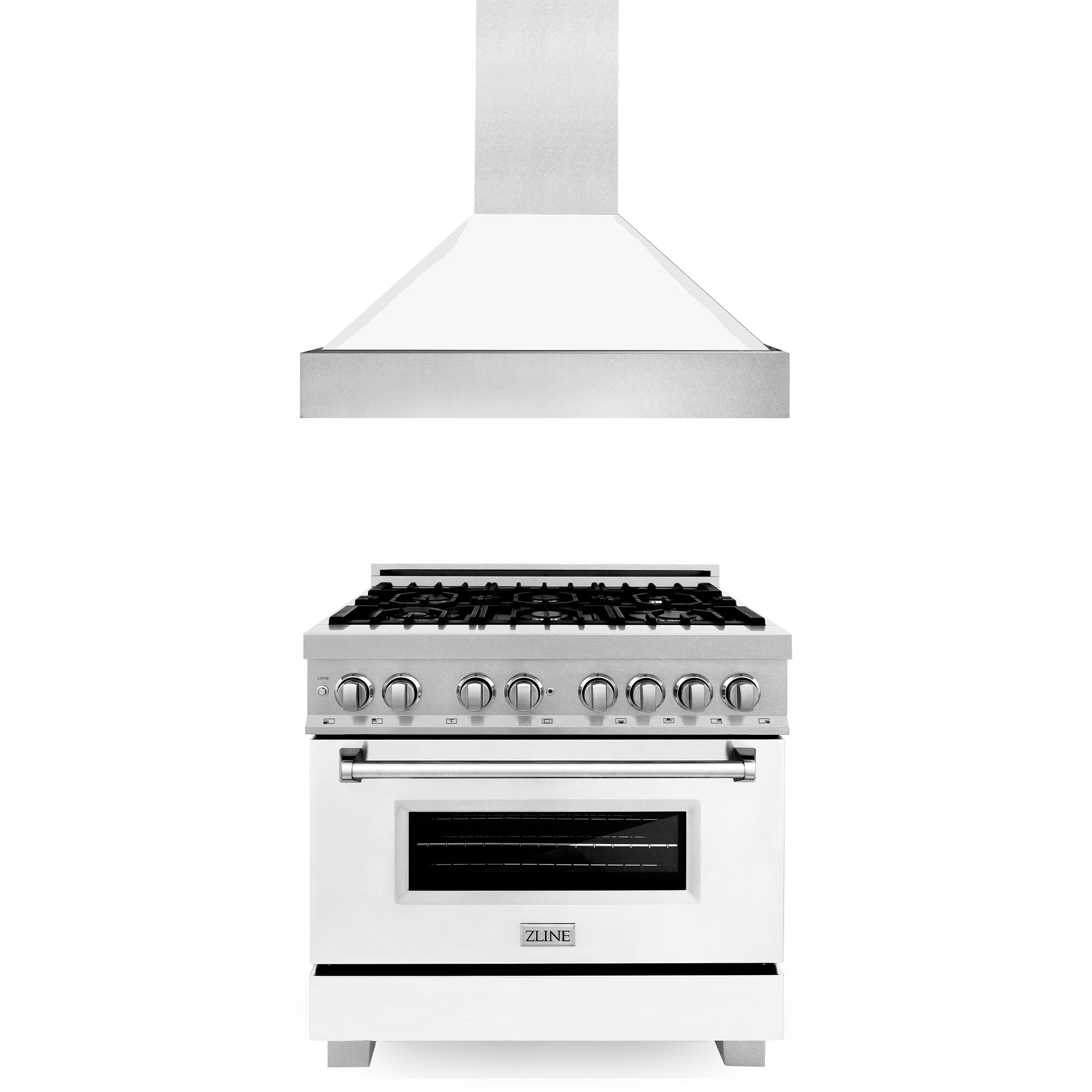 ZLINE 2 Piece Kitchen Appliance Package - 36" DuraSnow Stainless Steel Dual Fuel Range with White Matte Door and Convertible Vent Range Hood (2KP-RASWMRH36)