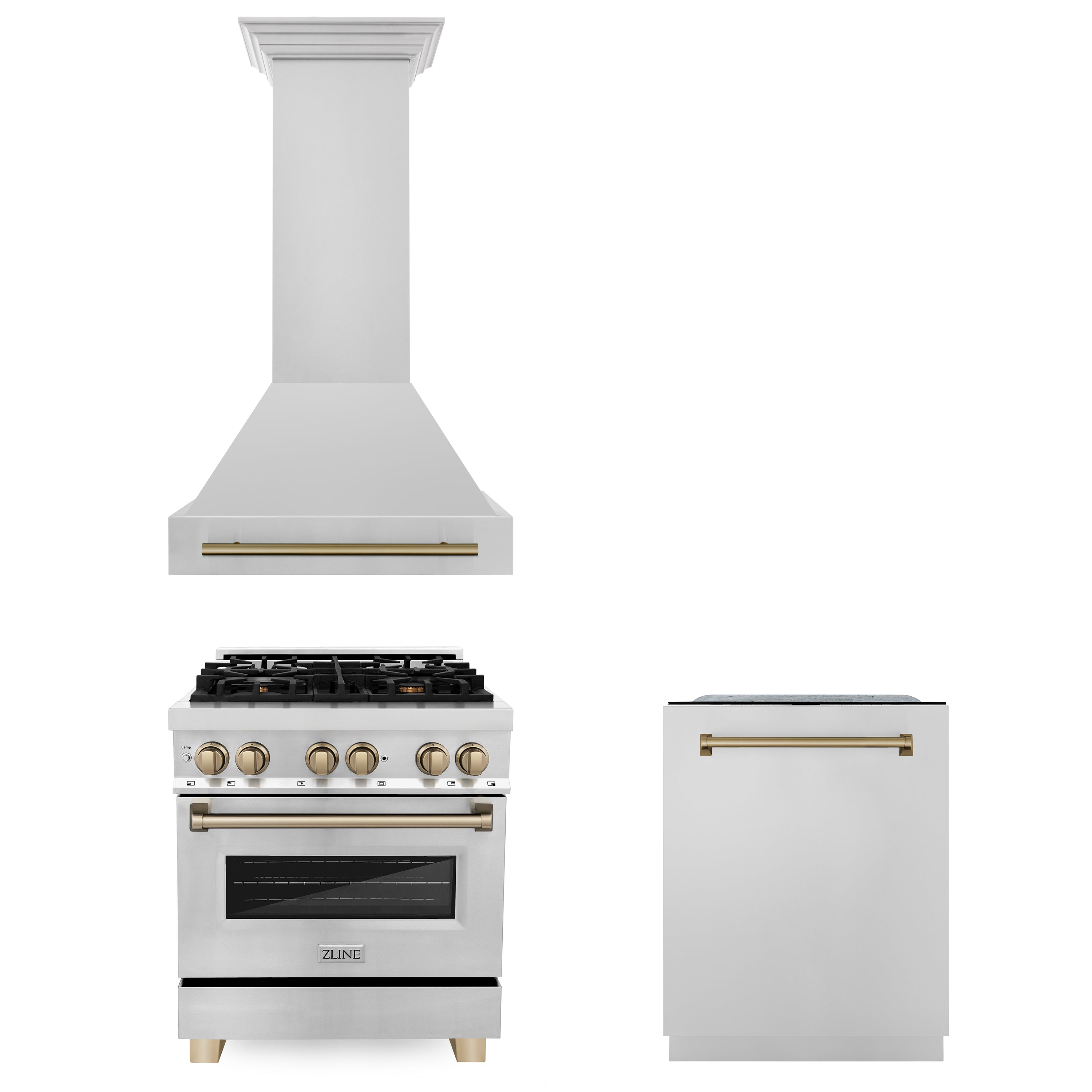 ZLINE Appliances 30" Autograph Edition Kitchen Package with Stainless Steel Dual Fuel Range, Range Hood and Dishwasher with Champagne Bronze Accents (3AKP-RARHDWM30-CB)