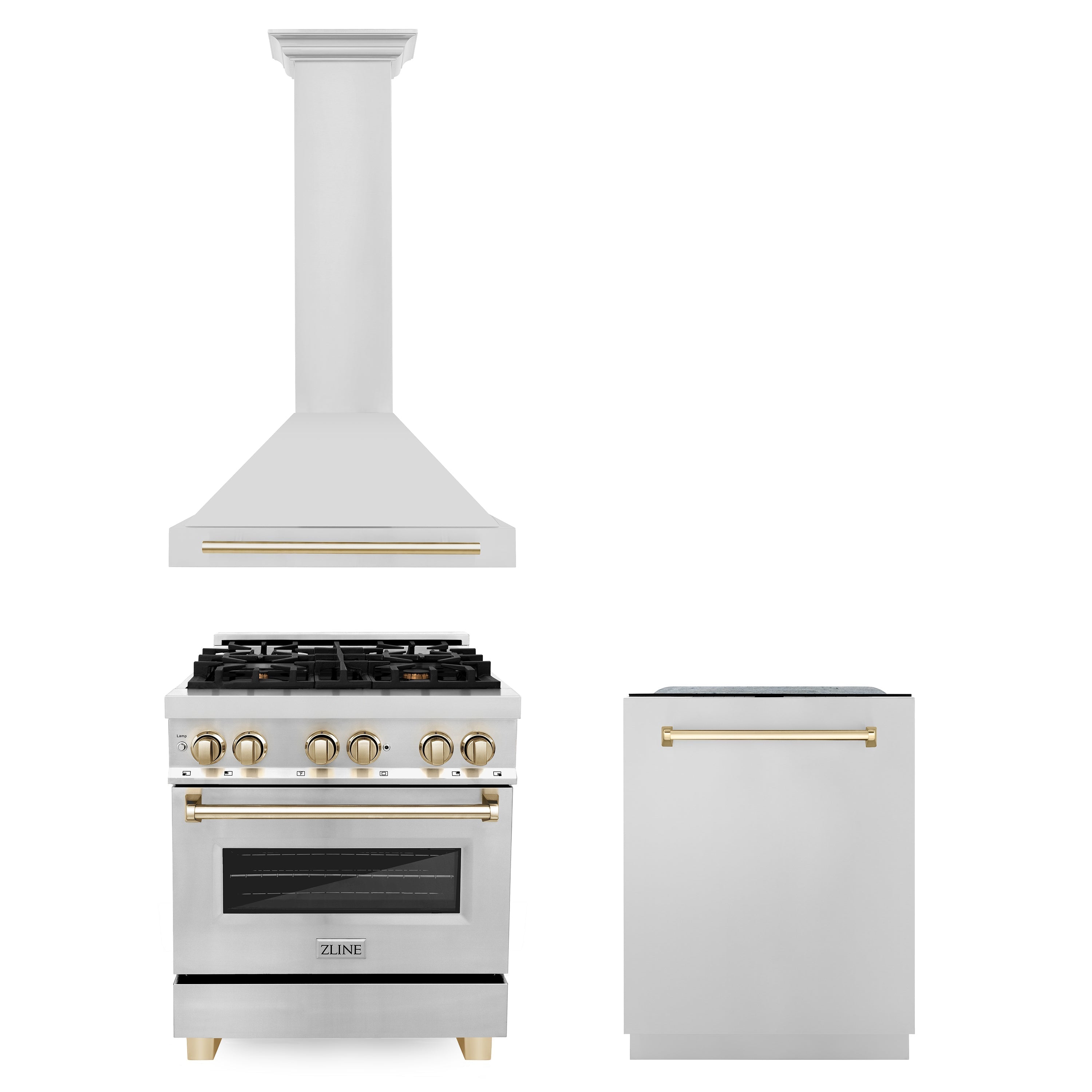 ZLINE Appliances 30" Autograph Edition Kitchen Package with Stainless Steel Dual Fuel Range, Range Hood and Dishwasher with Gold Accents (3AKP-RARHDWM30-G)