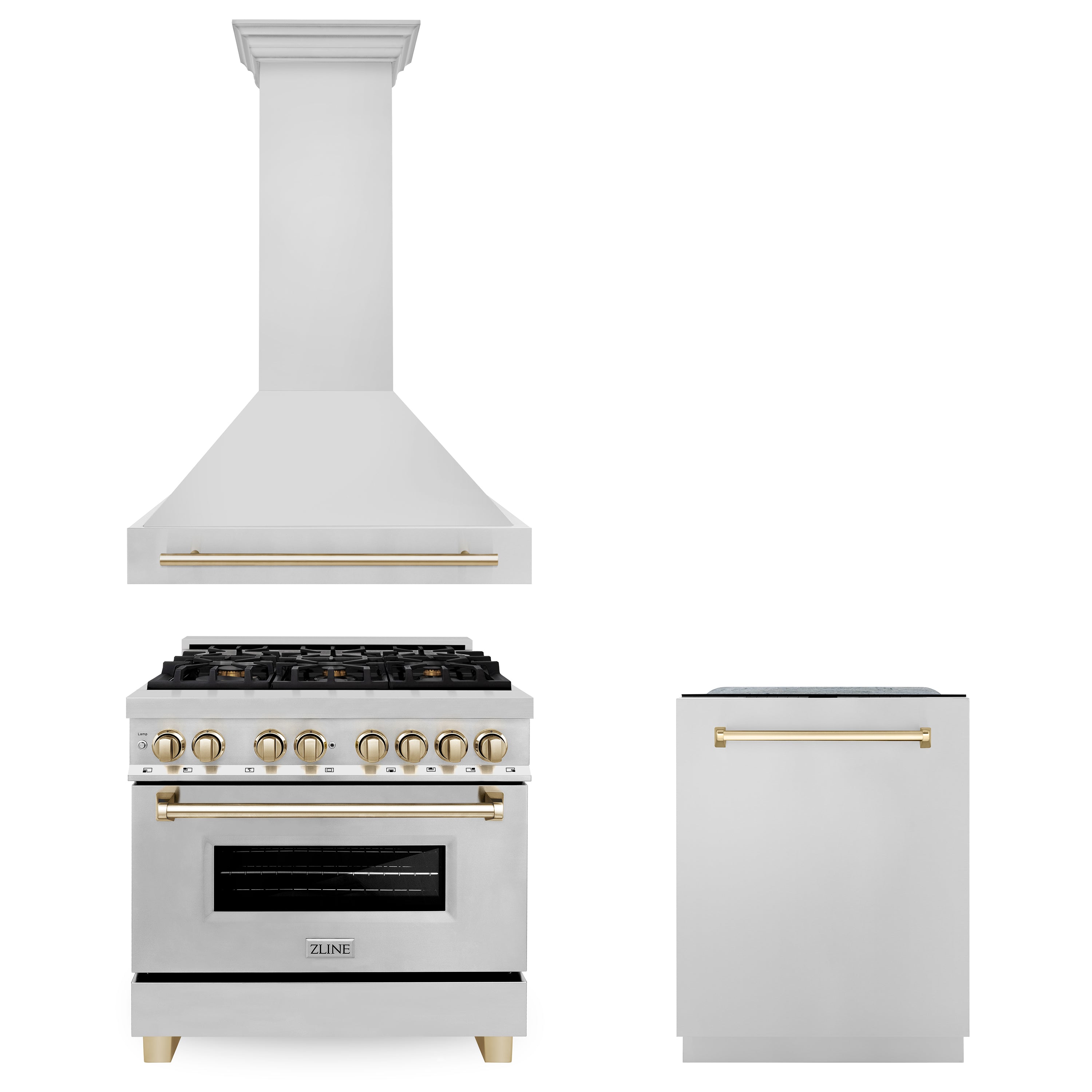 ZLINE Appliances 36" Autograph Edition Kitchen Package with Stainless Steel Dual Fuel Range, Range Hood and Dishwasher with Gold Accents (3AKP-RARHDWM36-G)