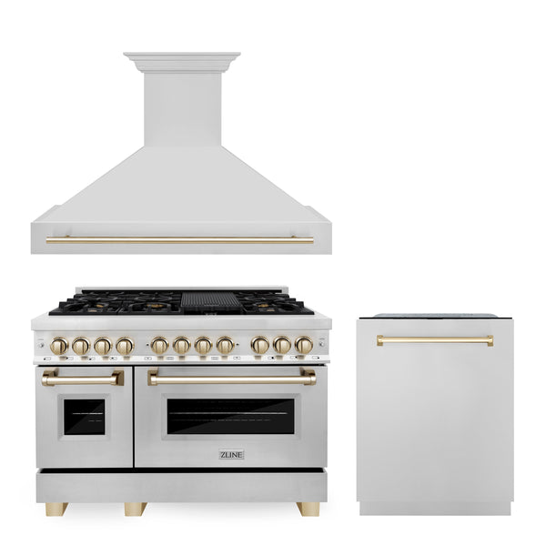 ZLINE Appliances 48" Autograph Edition Kitchen Package with Stainless Steel Dual Fuel Range, Range Hood and Dishwasher with Gold Accents (3AKP-RARHDWM48-G)