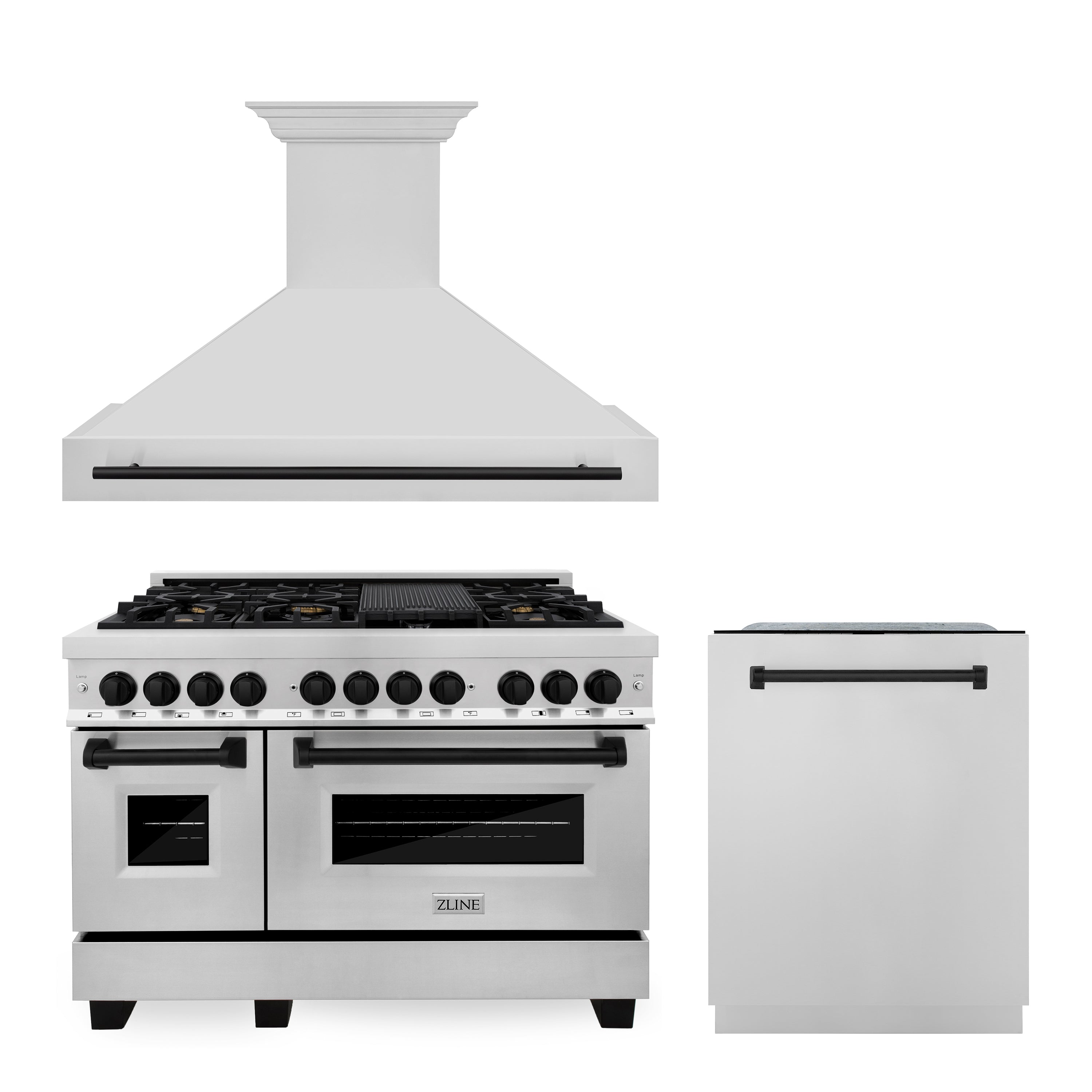 ZLINE Appliances 48" Autograph Edition Kitchen Package with Stainless Steel Dual Fuel Range, Range Hood and Dishwasher with Matte Black Accents (3AKP-RARHDWM48-MB)