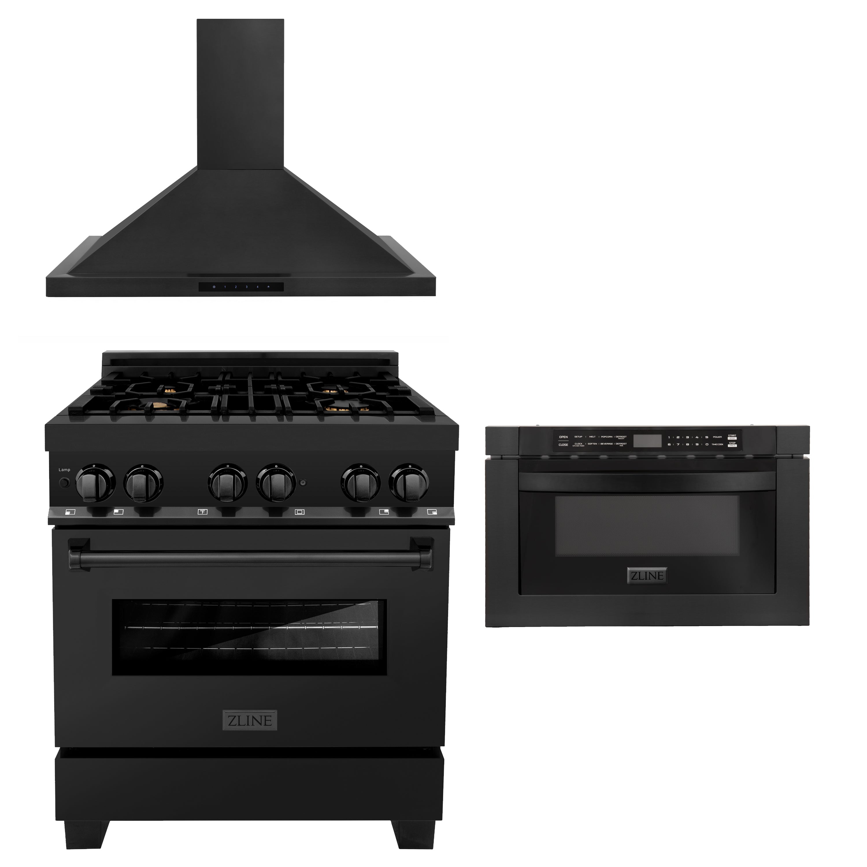 ZLINE 30" Kitchen Package with Black Stainless Steel Dual Fuel Range, Convertible Vent Range Hood and Microwave Drawer (3KP-RABRH30-MW)