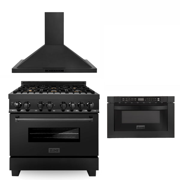 ZLINE 36" Kitchen Package with Black Stainless Steel Dual Fuel Range, Convertible Vent Range Hood and Microwave Drawer (3KP-RABRH36-MW)