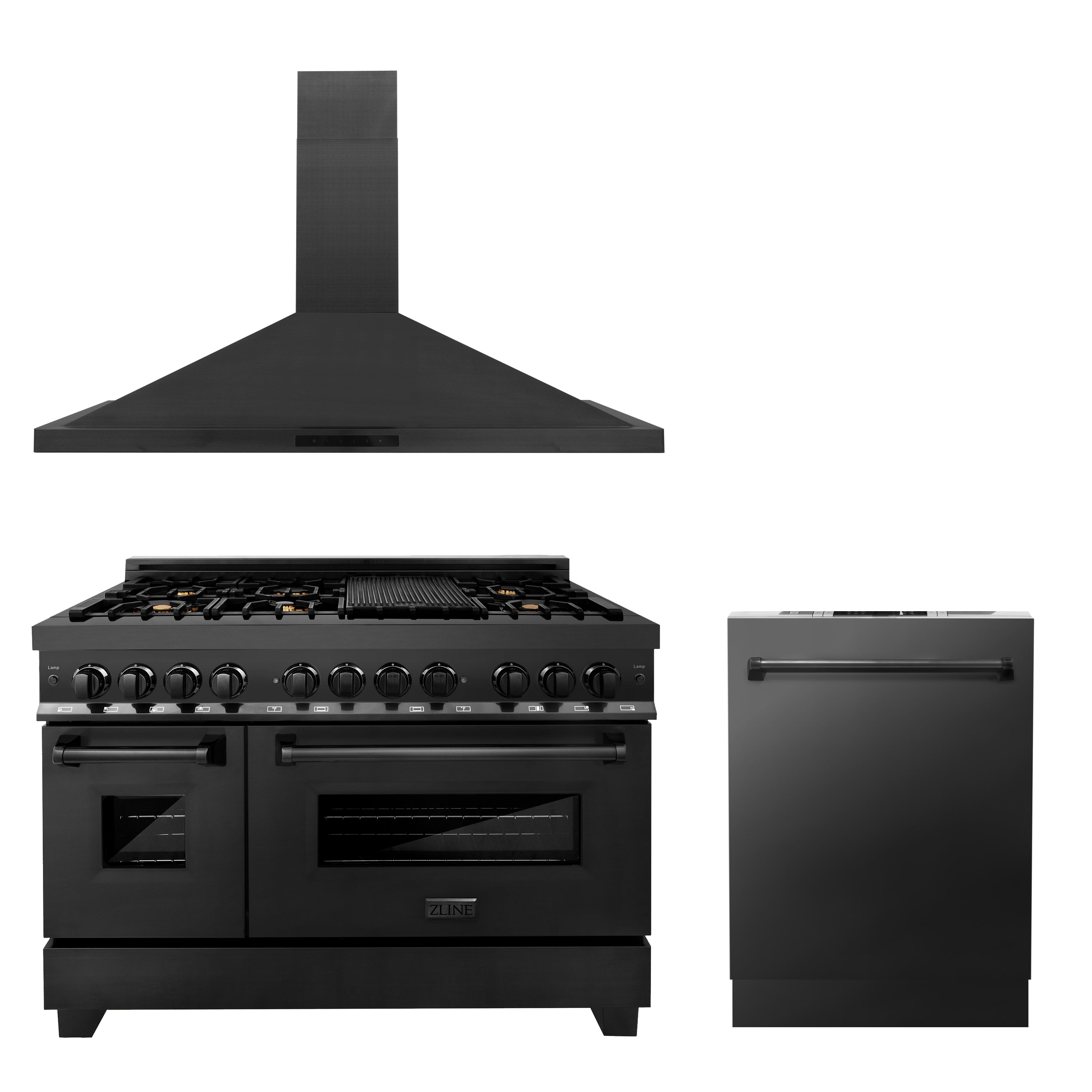 ZLINE 48" Kitchen Package with Black Stainless Steel Dual Fuel Range, Convertible Vent Range Hood and Dishwasher (3KP-RABRH48-DW)