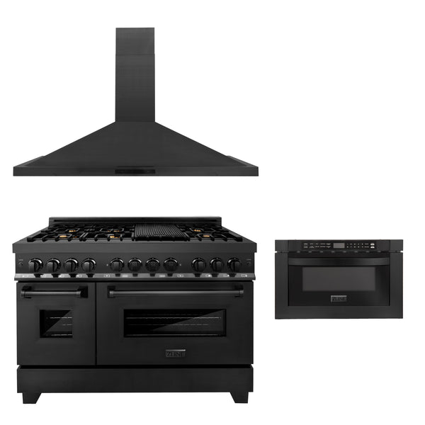 ZLINE 48" Kitchen Package with Black Stainless Steel Dual Fuel Range, Convertible Vent Range Hood and Microwave Drawer (3KP-RABRH48-MW)