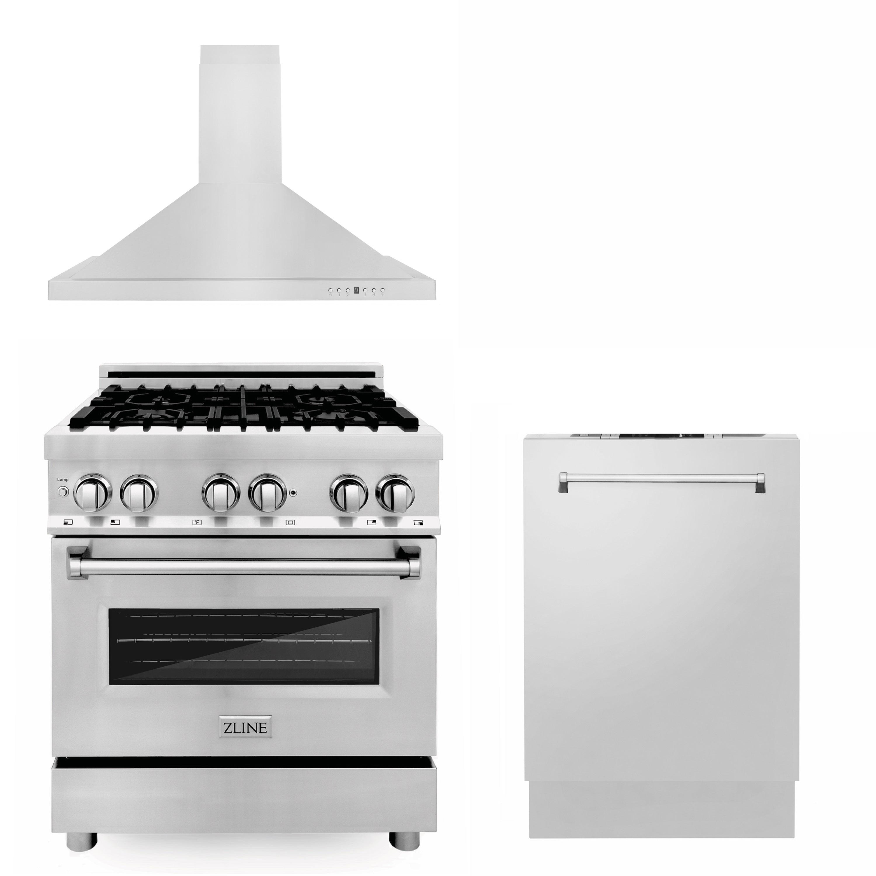 ZLINE Kitchen Appliance Package - 30" Stainless Steel Dual Fuel Range, Convertible Vent Range Hood and Dishwasher (3KP-RARH30-DW)