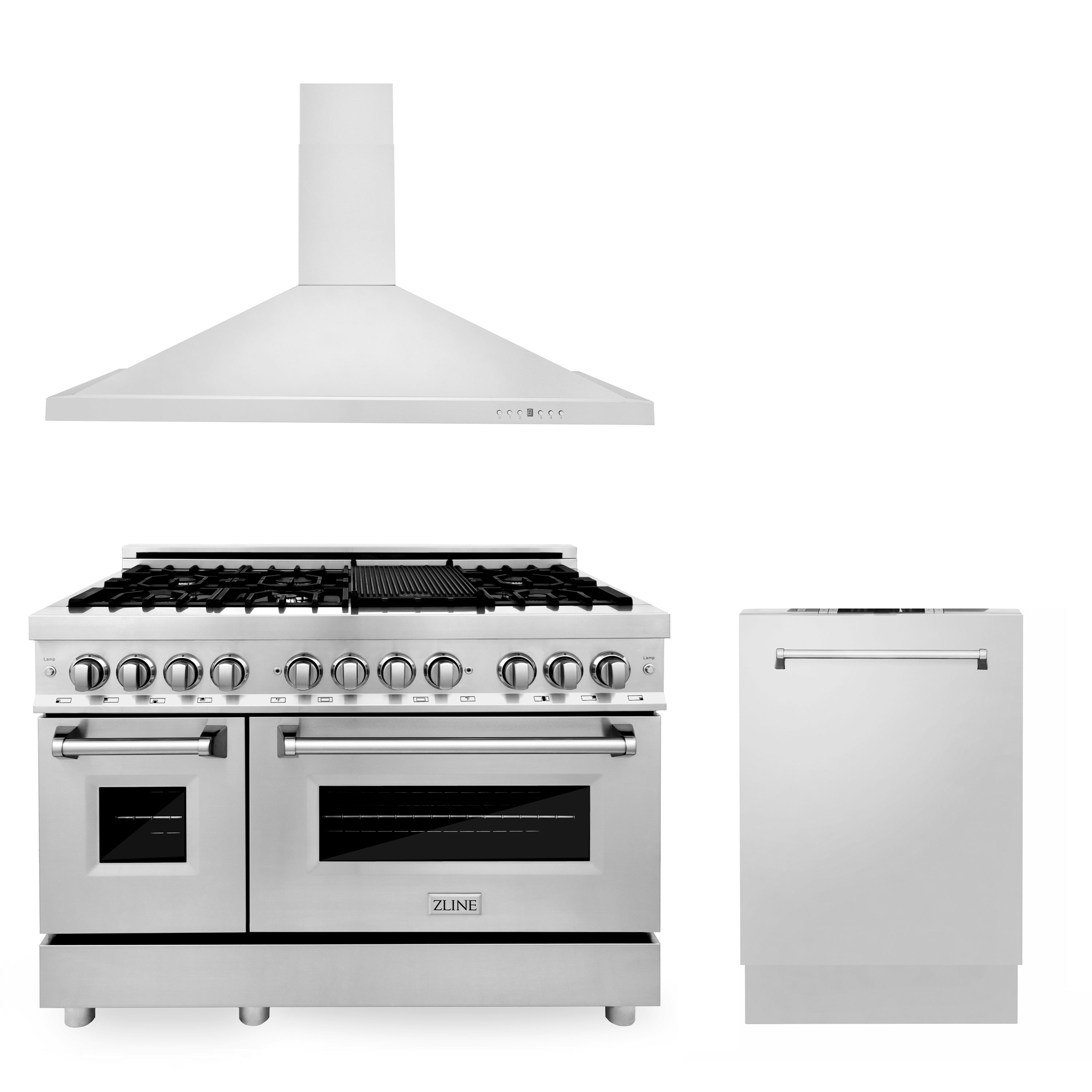 ZLINE 48" Kitchen Package with Stainless Steel Dual Fuel Range, Convertible Vent Range Hood and Dishwasher (3KP-RARH48-DW)