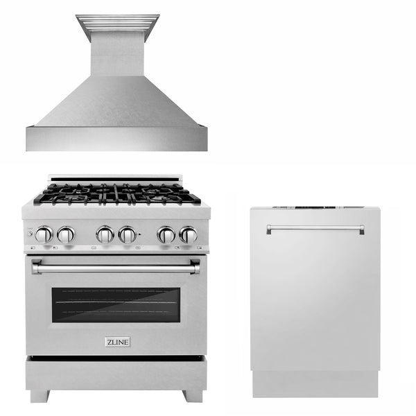 ZLINE 30" Kitchen Package with DuraSnow® Stainless Dual Fuel Range, Ducted Vent Range Hood and Dishwasher (3KP-RASRH30-DW)