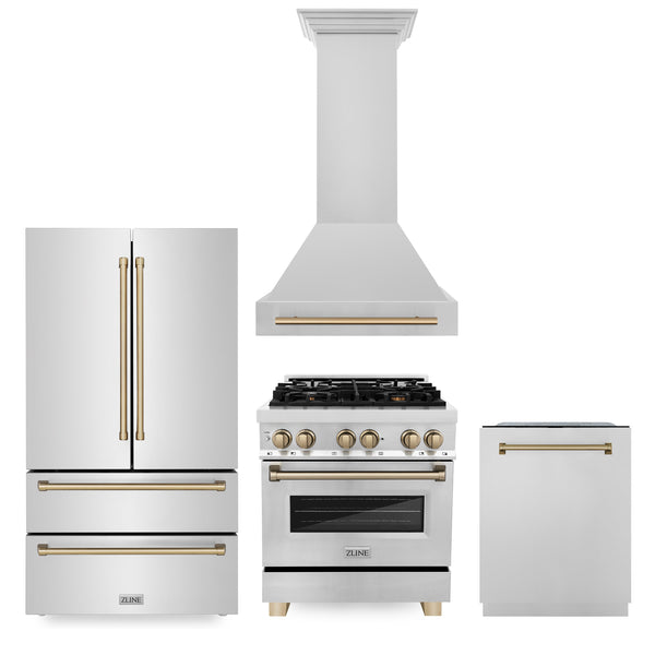 30" ZLINE Appliances Package - Autograph Edition Stainless Steel Dual Fuel Range, Range Hood, Dishwasher & Refrigerator (4KAPR-RARHDWM30-CB)