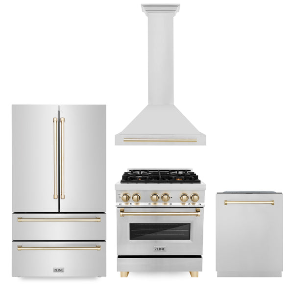 30" ZLINE Appliances Package - Autograph Edition Stainless Steel Dual Fuel Range, Range Hood, Dishwasher and Refrigerator (4KAPR-RARHDWM30-G)