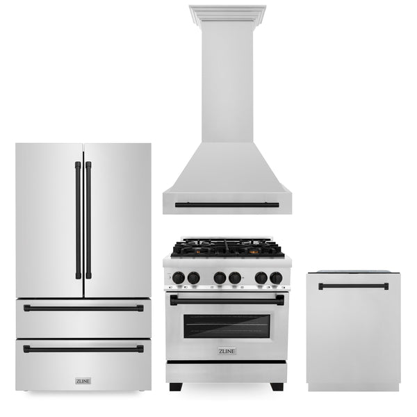 30" ZLINE Appliances Package - Autograph Edition Stainless Steel Dual Fuel Range, Range Hood, Dishwasher and Refrigerator (4KAPR-RARHDWM30-MB)