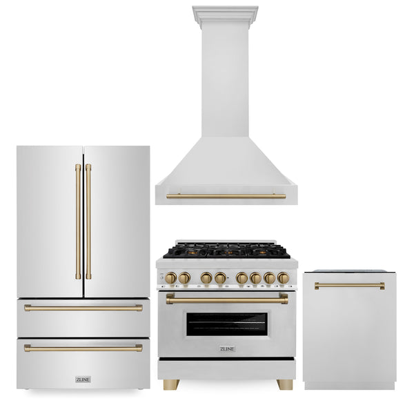 36" ZLINE Appliances Package - Autograph Edition Stainless Steel Dual Fuel Range, Range Hood, Dishwasher and Refrigerator (4KAPR-RARHDWM36-CB)