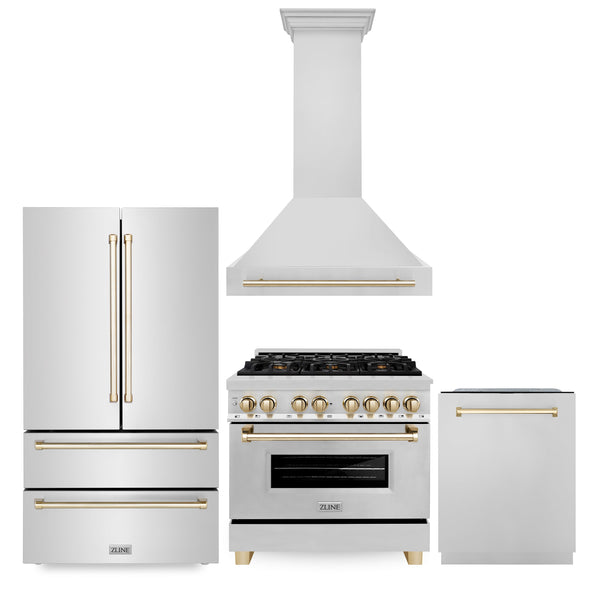 36" ZLINE Appliances Package - Autograph Edition Stainless Steel Dual Fuel Range, Range Hood, Dishwasher and Refrigerator (4KAPR-RARHDWM36-G)