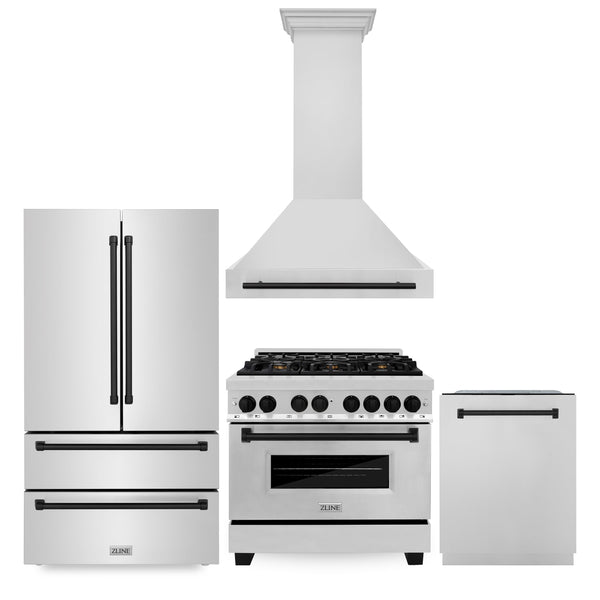 36" ZLINE Appliances Package - Autograph Edition Stainless Steel Dual Fuel Range, Range Hood, Dishwasher, Refrigerator with Matte Black Accents(4KAPR-RARHDWM36-MB)