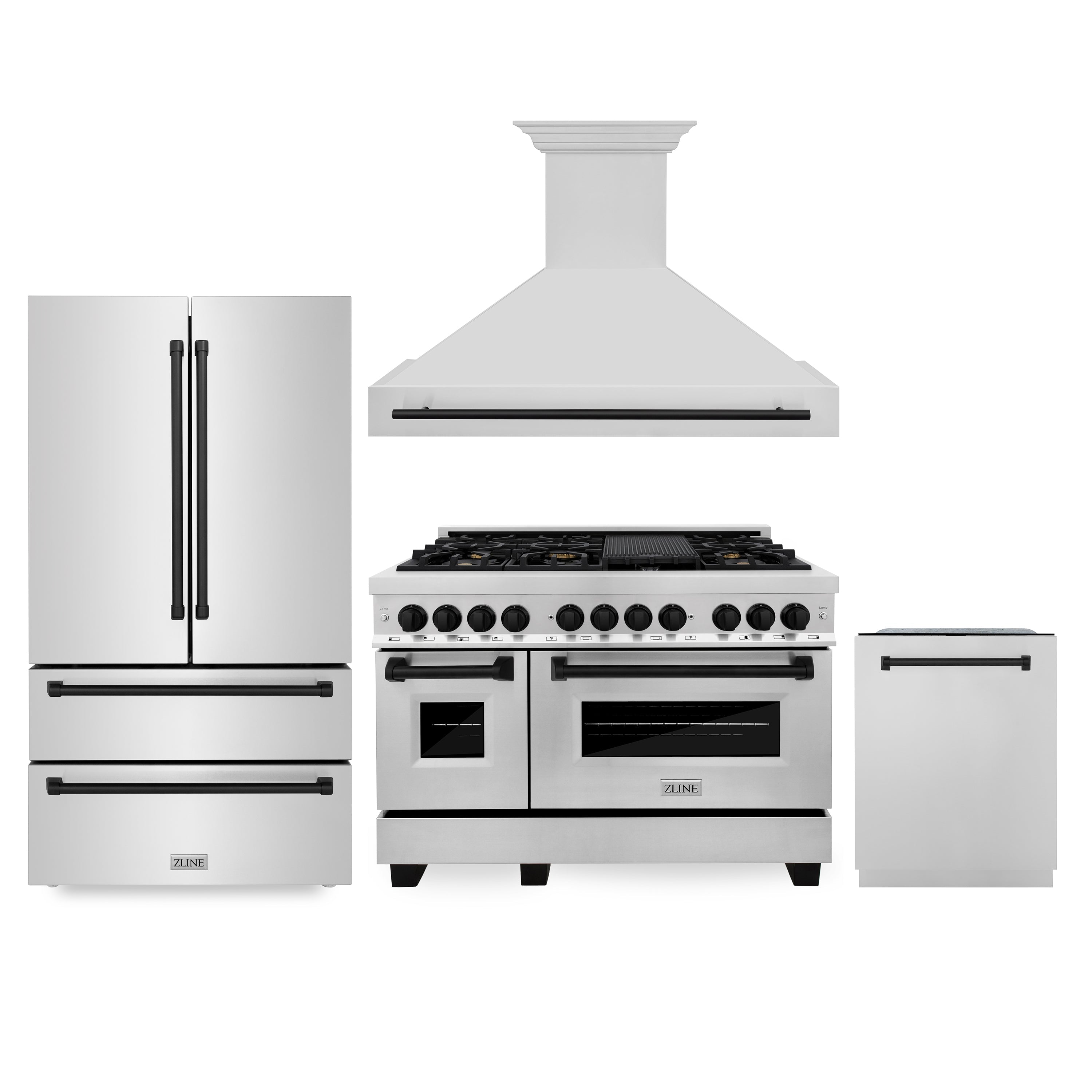 48" ZLINE Appliances Package - Autograph Edition Stainless Steel Dual Fuel Range, Range Hood, Dishwasher and Refrigeration with Matte Black Accents (4KAPR-RARHDWM48-MB)