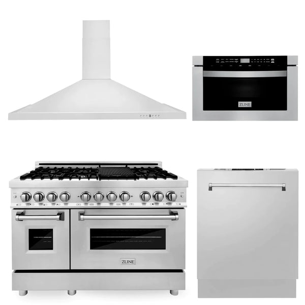 ZLINE Appliance Package | 48" Stainless Steel Dual Fuel Range, Range Hood, Microwave Drawer, Dishwasher | 4KP-RARH48-MWDW