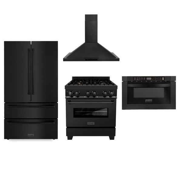 ZLINE Appliance Package | 30" Dual Fuel Range, Range Hood, Microwave Drawer, 36" Refrigerator | Black Stainless Steel | 4KPR-RABRH30-MW