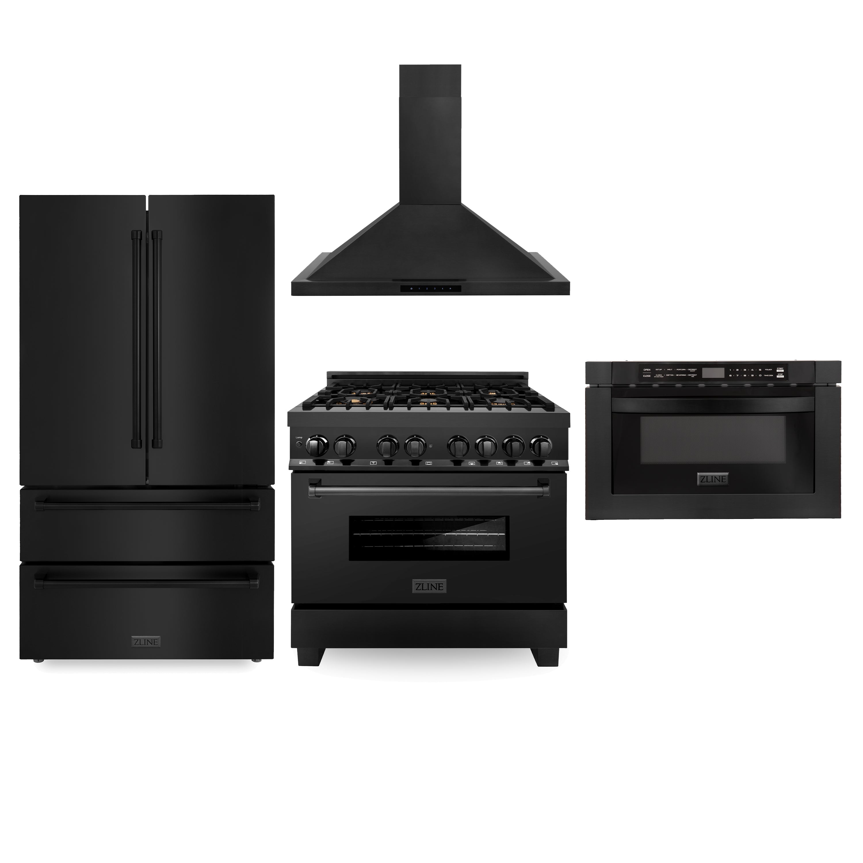 36" ZLINE Appliances Package - 36" Black Stainless Steel Dual Fuel Range, 36" Range Hood, 24" Microwave Drawer and 36" Refrigerator (4KPR-RABRH36-MW)