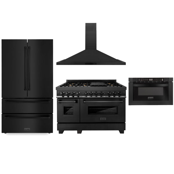 ZLINE Appliance Package | 48" Dual Fuel Range, Range Hood, Microwave Drawer, 36" Refrigerator | Black Stainless Steel | 4KPR-RABRH48-MW