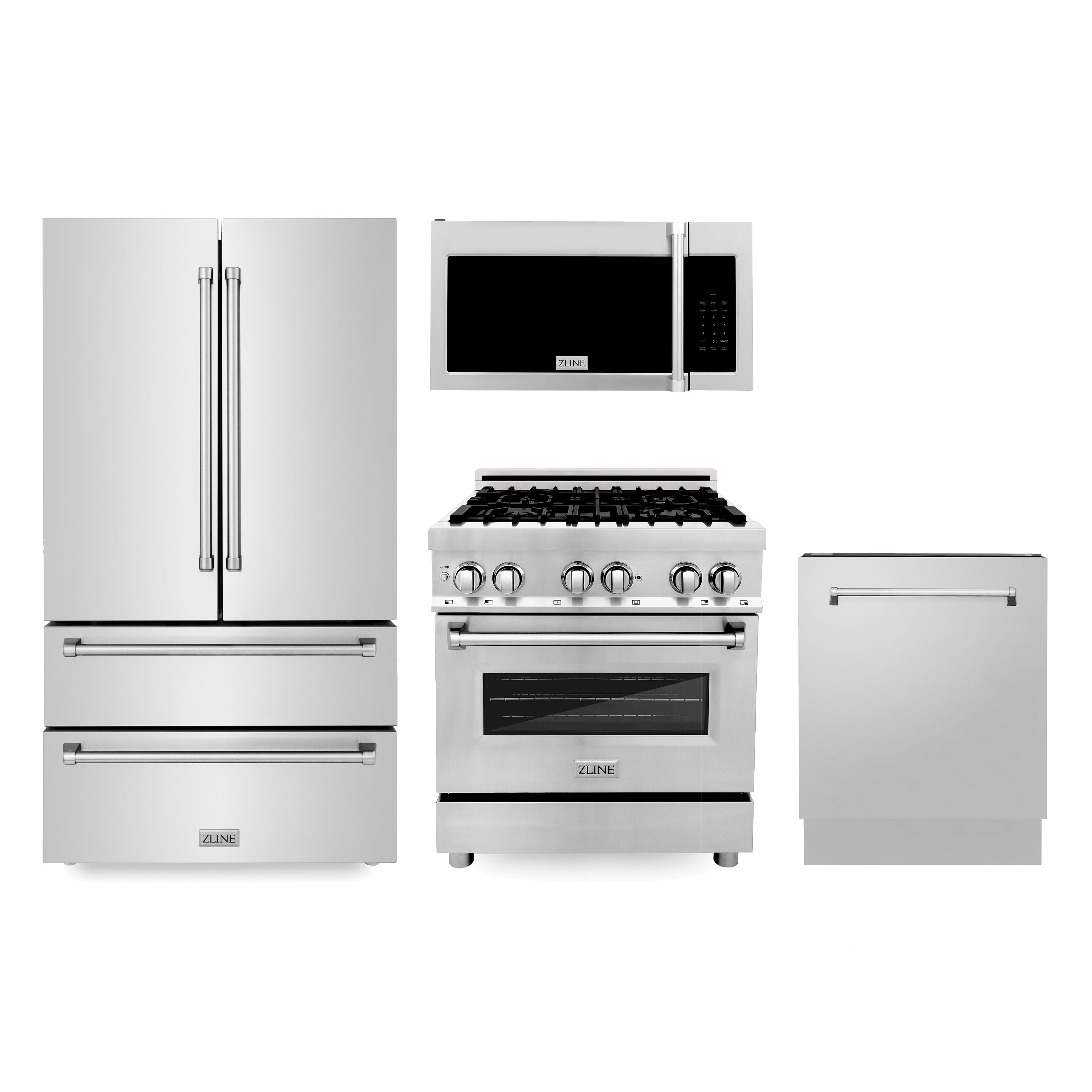 30" ZLINE Appliances Package - 30" Dual Fuel Range, Over-the-Range Microwave, 3 Rack Dishwasher, Refrigerator (4KPR-RAOTRH30-DWV)