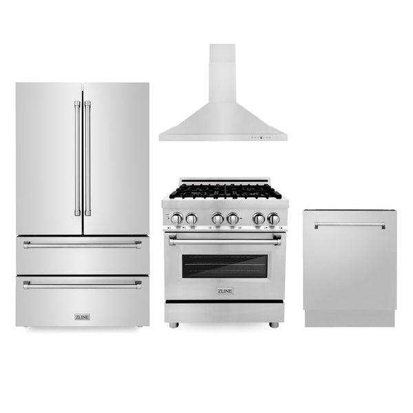 ZLINE Appliance Package | 30" Stainless Steel Dual Fuel Range, Range Hood, 3 Rack Dishwasher, 36" Refrigerator | 4KPR-RARH30-DWV