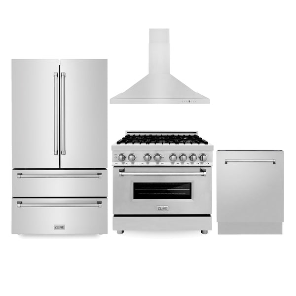 ZLINE Appliance Package | 36" Stainless Steel Dual Fuel Range, Range Hood, 3 Rack Dishwasher, 36" Refrigerator | 4KPR-RARH36-DWV