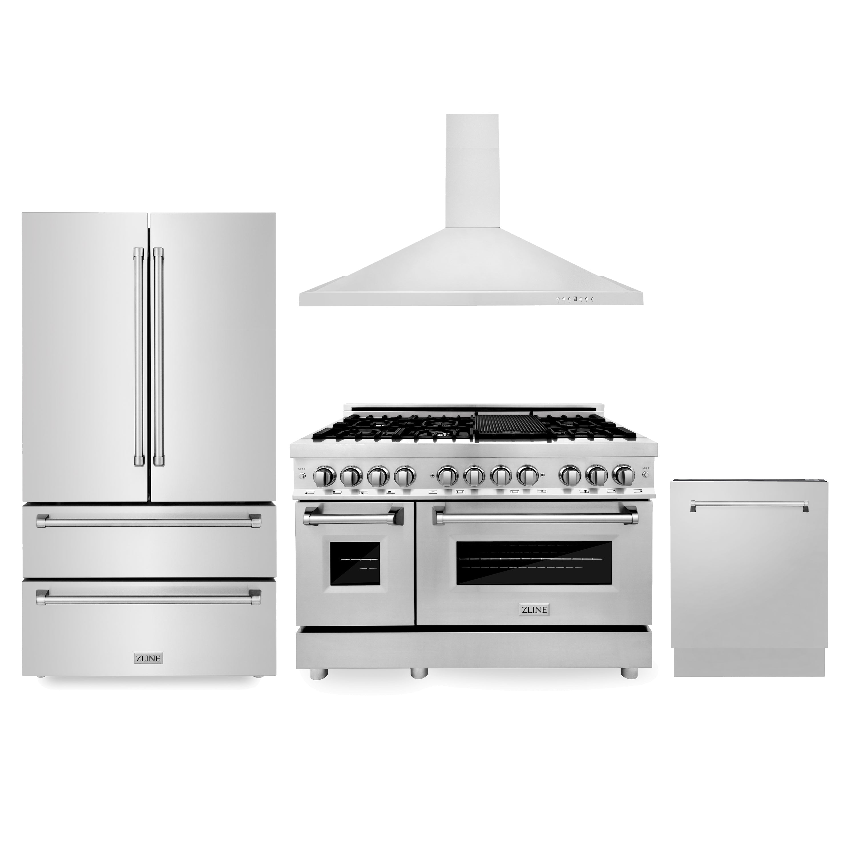 48" ZLINE Appliances Package with Refrigeration, 48" Stainless Steel Dual Fuel Range, 48" Convertible Vent Range Hood and 24" Tall Tub Dishwasher (4KPR-RARH48-DWV)