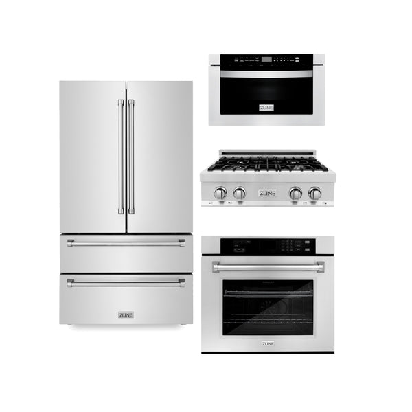 ZLINE Appliance Package | 30" Stainless Steel Rangetop, Single Wall Oven, Microwave Oven, 36" Refrigerator | 4KPR-RT30-MWAWS