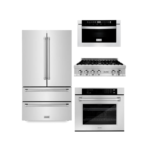 ZLINE Appliance Package | 36" Stainless Steel Rangetop, Single Wall Oven, Microwave Oven, 36" Refrigerator | 4KPR-RT36-MWAWS