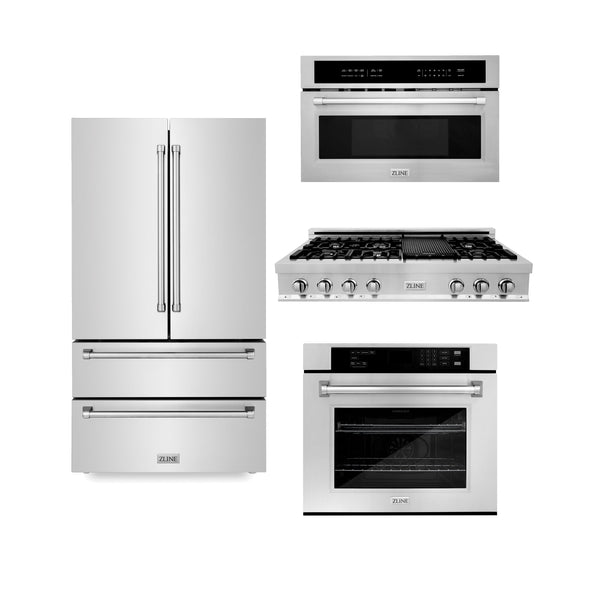 48" ZLINE Appliances Package with Refrigeration, 48" Stainless Steel Rangetop, 30" Single Wall Oven, 30" Microwave Oven (4KPR-RT48-MWAWS)