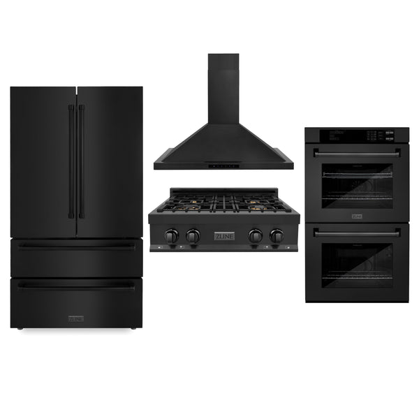 ZLINE Appliance Package | 30" Rangetop, Range Hood, Double Wall Oven, 36" Refrigerator | Black Stainless Steel | 4KPR-RTBRH30-AWD