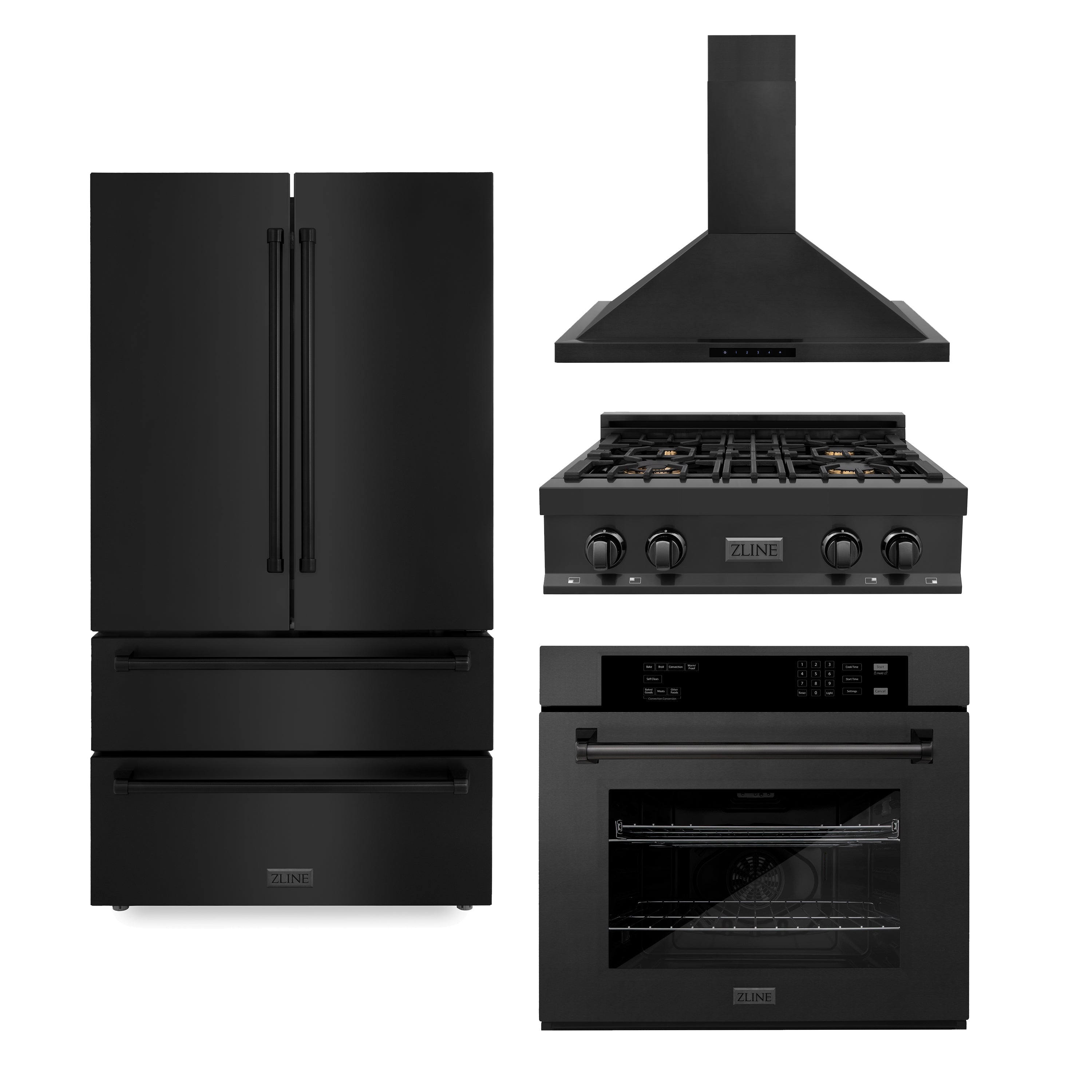 30" ZLINE Appliances Package with Black Stainless Steel Refrigeration, 30" Rangetop, 30" Range Hood and 30" Single Wall Oven (4KPR-RTBRH30-AWS)