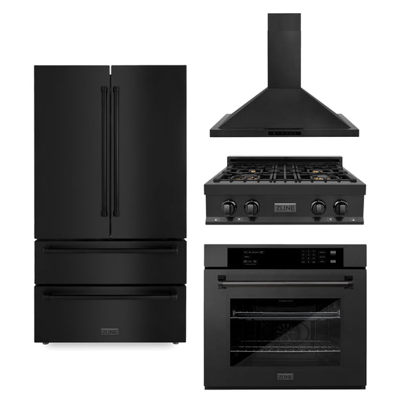 ZLINE Appliance Package | 30" Rangetop, Range Hood, Single Wall Oven, 36" Refrigerator | Black Stainless Steel | 4KPR-RTBRH30-AWS