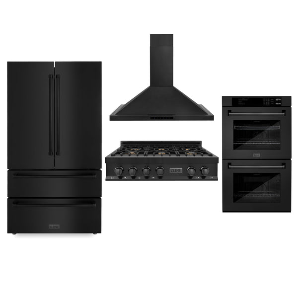 36" ZLINE Appliances Package with Black Stainless Steel Refrigeration, 36" Rangetop, 36" Range Hood and 30" Double Wall Oven (4KPR-RTBRH36-AWD)