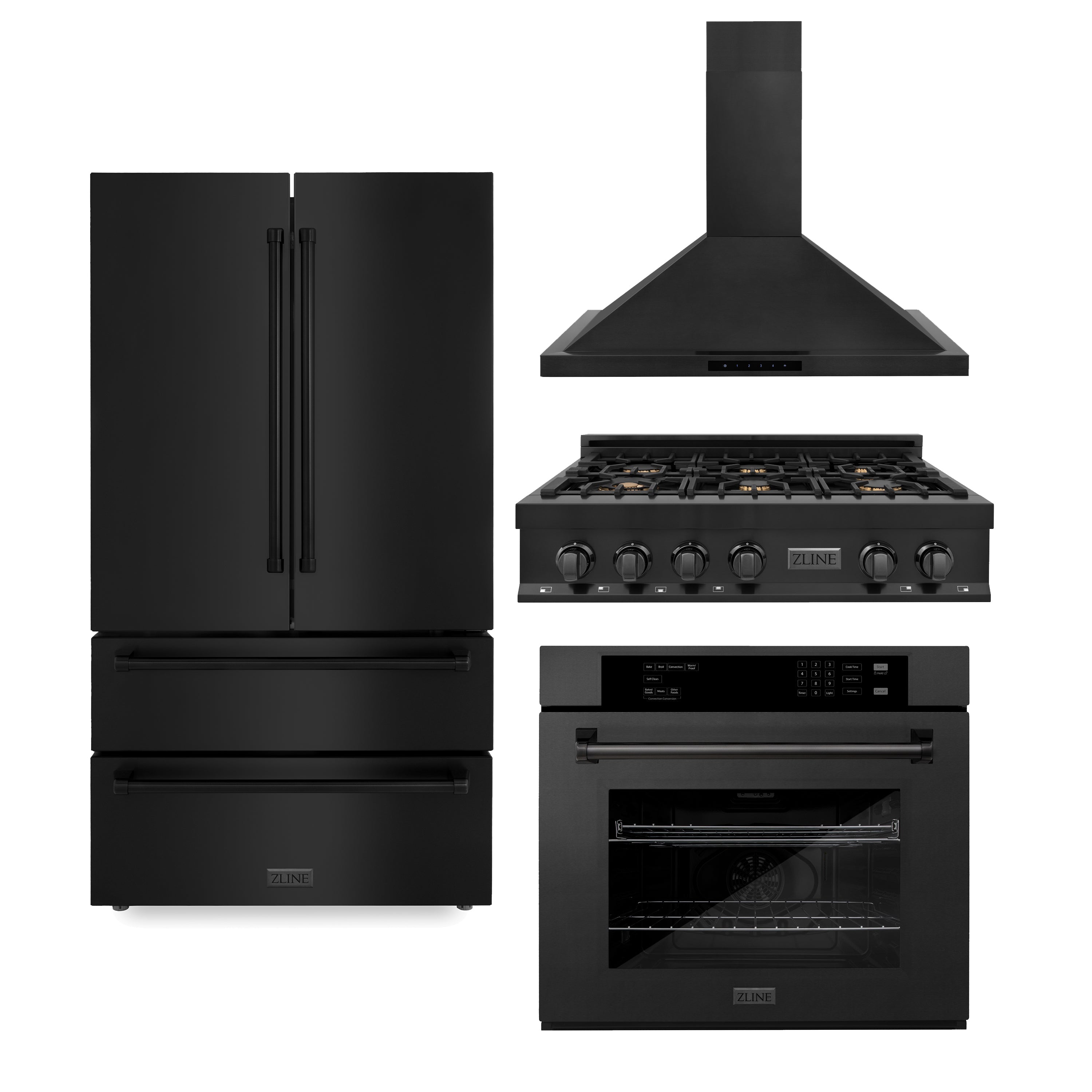 36" ZLINE Appliances Package with Black Stainless Steel Refrigeration, 36" Rangetop, 36" Range Hood and 30" Single Wall Oven (4KPR-RTBRH36-AWS)