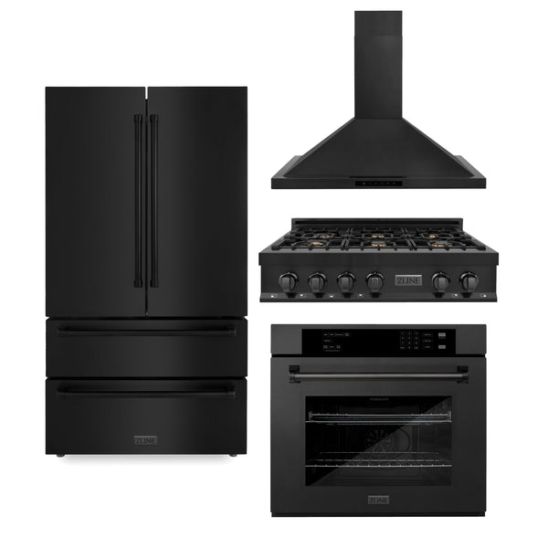 ZLINE Appliance Package | 36" Rangetop, Refrigerator, Range Hood, 30" Single Wall Oven | Black Stainless Steel | 4KPR-RTBRH36-AWS