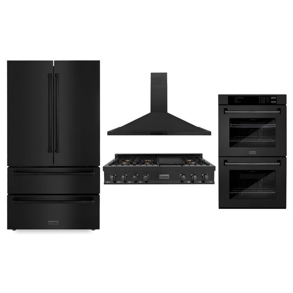 48" ZLINE Appliances Package with Black Stainless Steel Refrigeration, 48" Rangetop, 48" Range Hood and 30" Double Wall Oven (4KPR-RTBRH48-AWD)